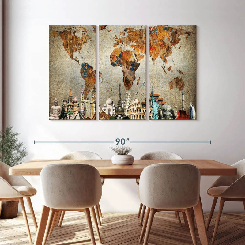 Ensemble de 3 pièces de carte du monde rouillé sur toile, H 74 po x l 48 po x P 1,25 po