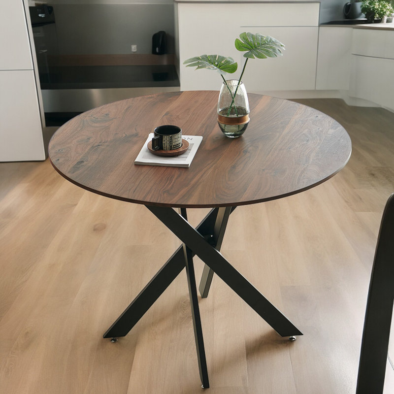 Table de salle à manger ronde, Bois brun, H 29,13 po x L 42,12 po x l 42,12 po, Noir, noir, noir, noir