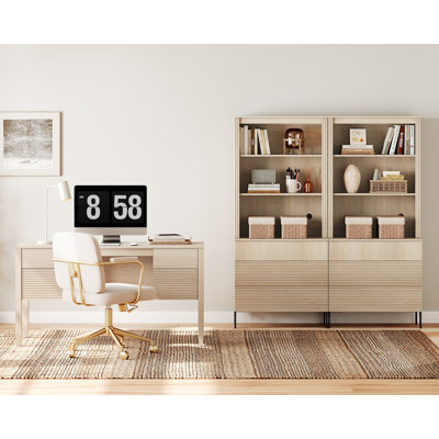 Home Office Set, 58" Modern Executive Desk With Charging Station & 2 Piece 71.8"H Tall 6-Tier Fluted Bookcases With 6 Drawers For Living Room, Bedroom