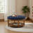 Large Round Upholstered Tufted Linen Ottoman Coffee Table, Large Footrest Ottoman with Wood Shelf Storage- Navy Blue-584048005