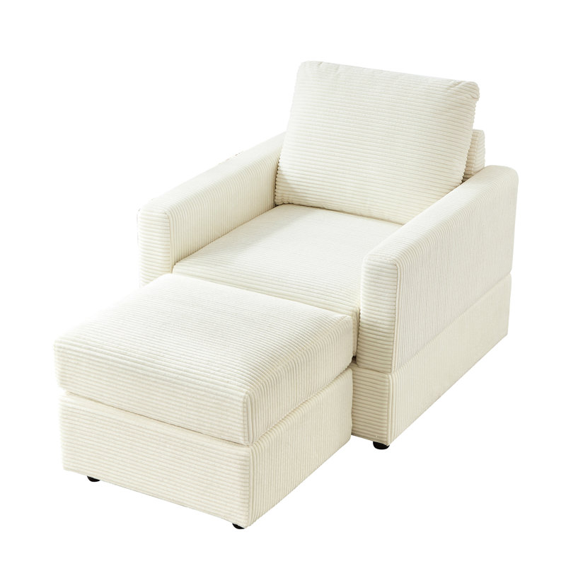 Comfortable Beige Corduroy Sectional Couch With And Soft Upholstered Accent Chair , - Living Room Comfort