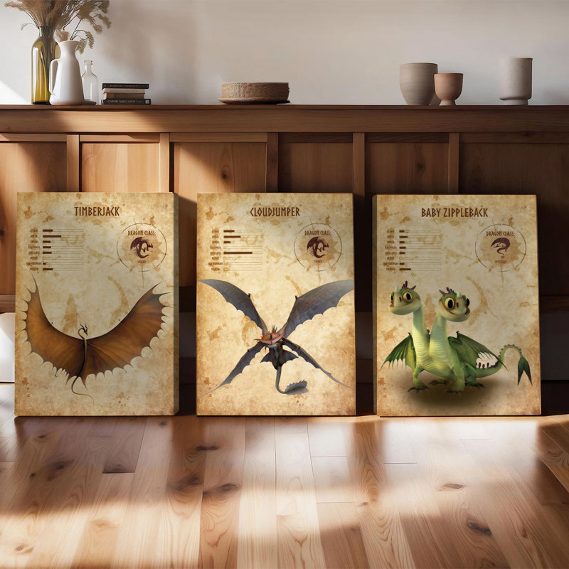 Ensemble de 3 affiches encadrées, impressions décoratives sur toile « Dragons », Timberjack Cloudjumper Zippleback, style vintage, pour la décoration de la maison, du bureau ou de la chambre d'enfant ; cadeau unique pour les passionnés de dragons.