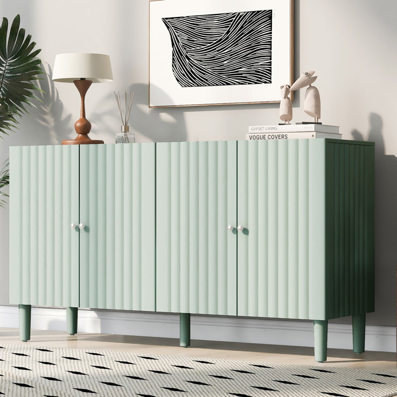 Console en L 58,1 po avec portes à motif ondulé, pieds cylindriques et poignées en métal élégantes, Vert clair