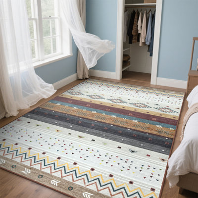 Wymond  Machine Washable Moroccan Area Rug Aztec Geometric Carpet With Non-Slip Backing