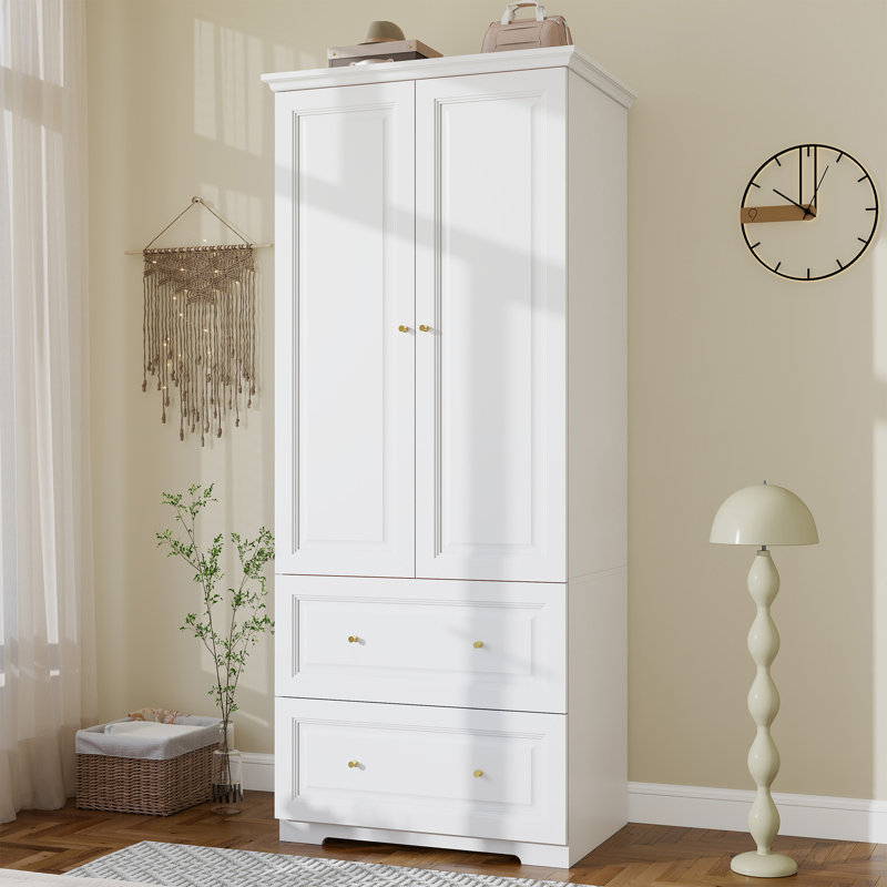 Freestanding Wooden Wardrobe Armoire with 2 Drawers