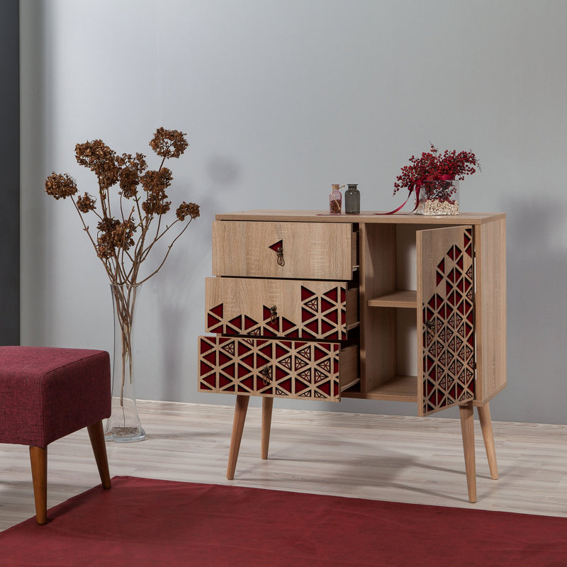 Commode combinée 3 tiroirs Borup, Rouge / Beige