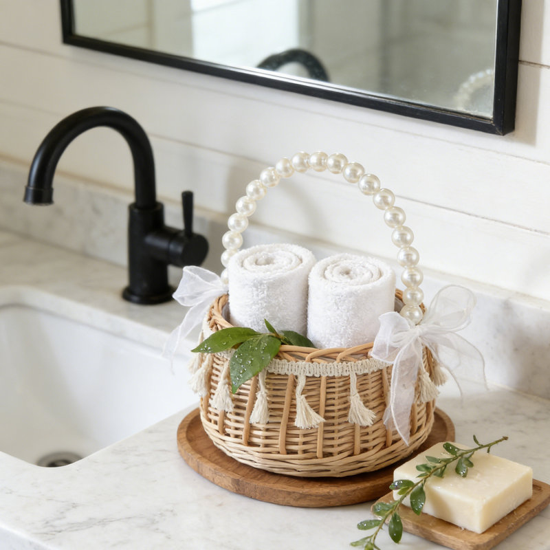 Handmade Flower Girl Basket with Pearl Handle – Rattan Woven Wedding Basket, Wooden Bead & Ribbon Accents, Lined Rustic Wicker Storage Basket for Boho Home Decor