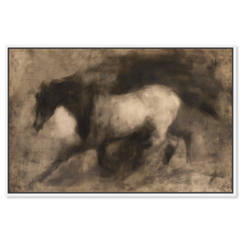 «Dark Horse», toile par Farm Art, H 21 po x l 31 po, Cadre flottant blanc