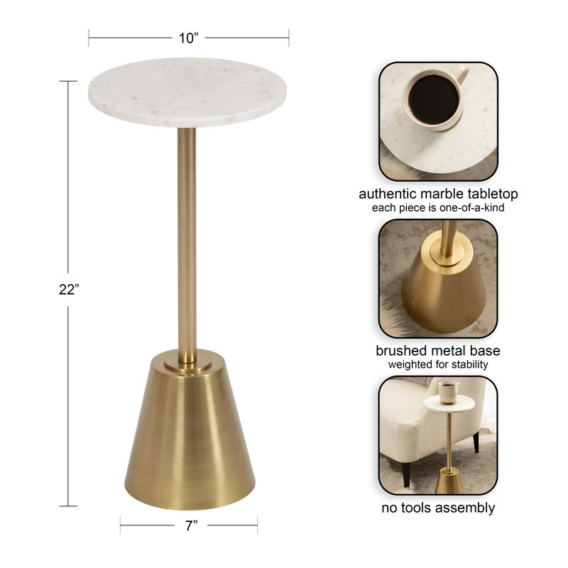 Table ronde en marbre et métal, Doré, 22" H x 10" W x 7" D, White