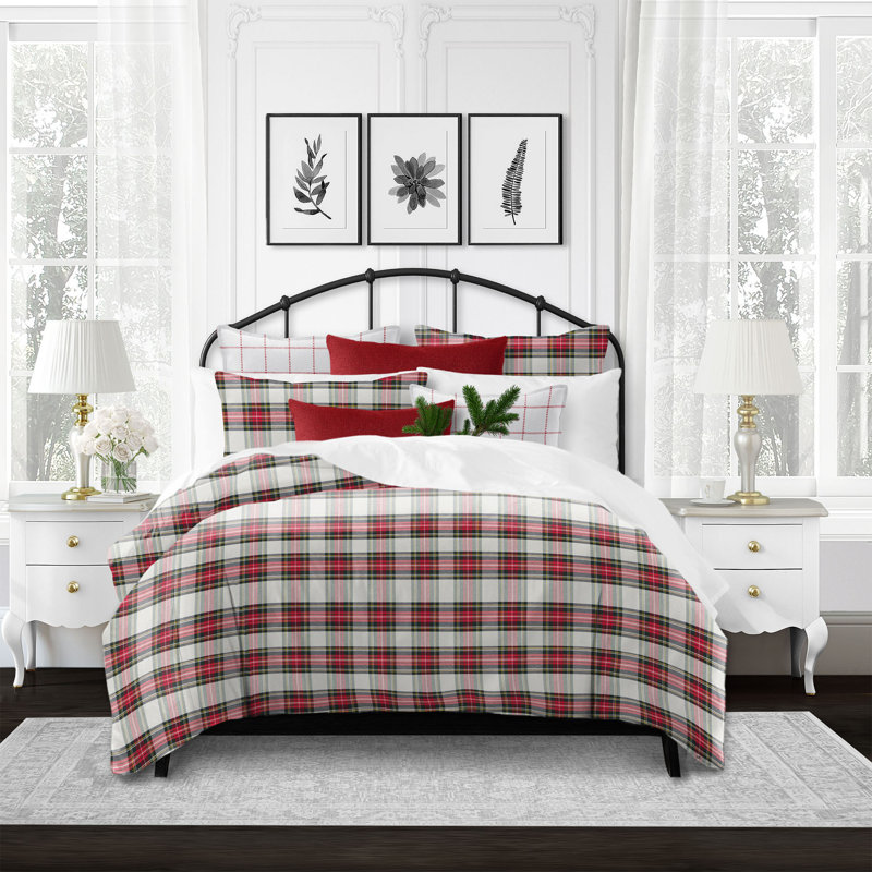 Ensemble d'édredon en coton Royal Plaid, Ivoire / Rouge, Édredon pour très grand lit + 2 taies décorativ
