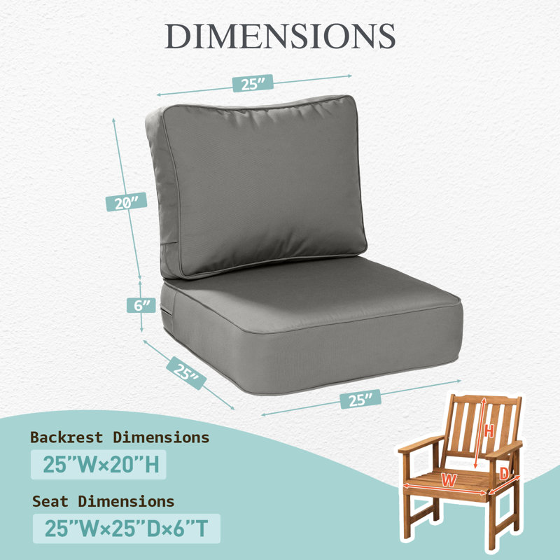 6 Inch Sunbrella Outdoor Chair Seat Back Cushion Set, 25" W x 25" D, Canvas Charcoal