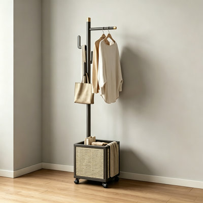 Rubber Wood Hall Tree Coat Rack Basket