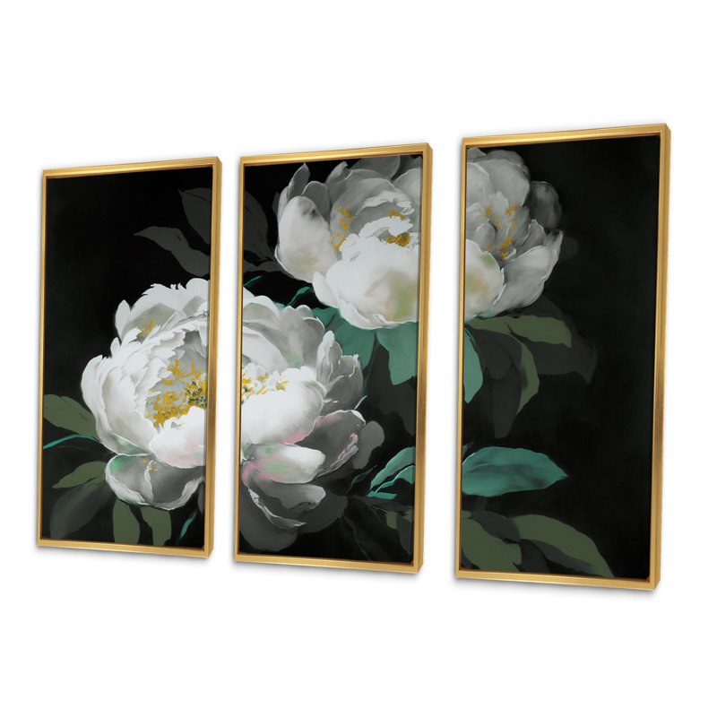 Blooming White Peony IV - 3 pièces, reproduction sur toile, Or, H 20 po x l 36 po x P 1 po