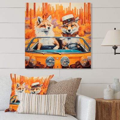 «Adventurous Foxes Drive I» - art mural en métal avec un renard