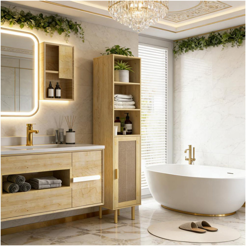 Freestanding Bathroom Storage Cabinet,Tall Bathroom Cabinet With Rattan Doors, Oak