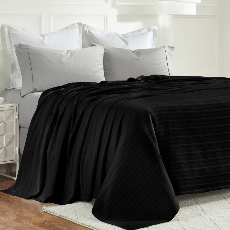 Couverture à rayures jacquard 100% coton Superior Clara, Noir, Lit simple