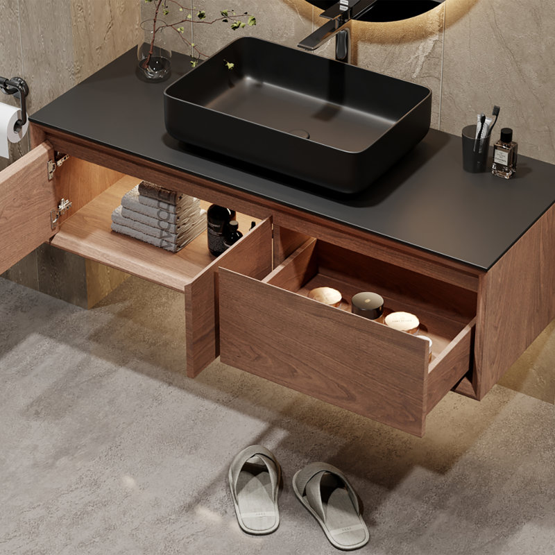 48" Modern Bathroom Brown Vanity with Single Black Sink, Brown Wood Texture with Ample Storage, Dark Wood, Black