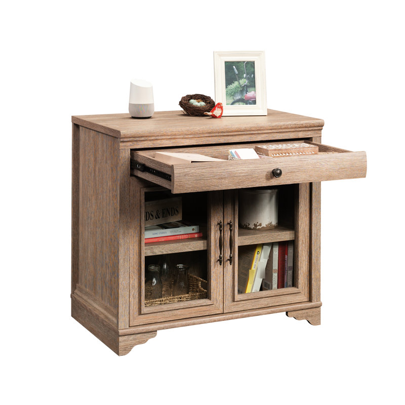 Base pour bureau à domicile avec finition en chêne antique brun, glissières spacieuses à pleine extension de tiroir, rangement dissimulé pour portes en verre trempé, tablette réglable, bois d'ingénierie, l 31,5 po x P 20,2 po, H 29,8 po