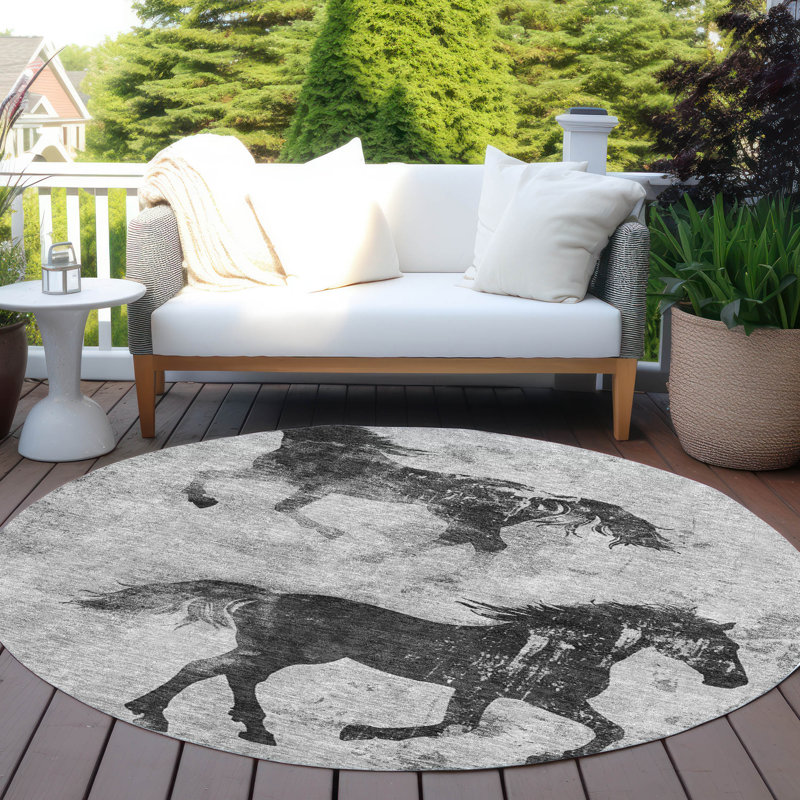 Machine Washable Indoor/Outdoor Cinead ACN1717 Gray Rug, Round 8'