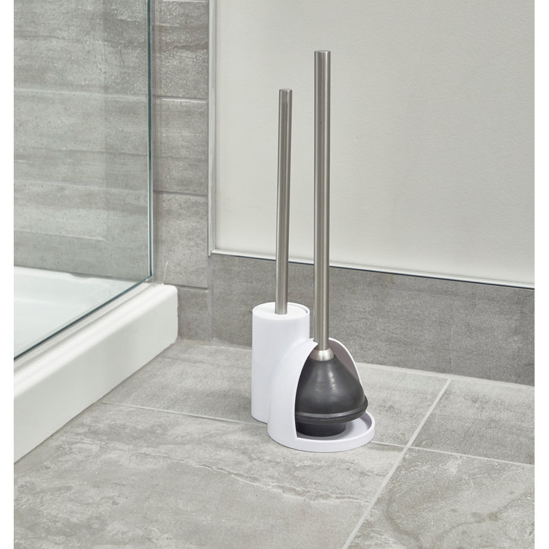 iDesign Toilet Bowl Brush and Plunger Set for Bathroom Storage - White/Brushed Stainless Steel