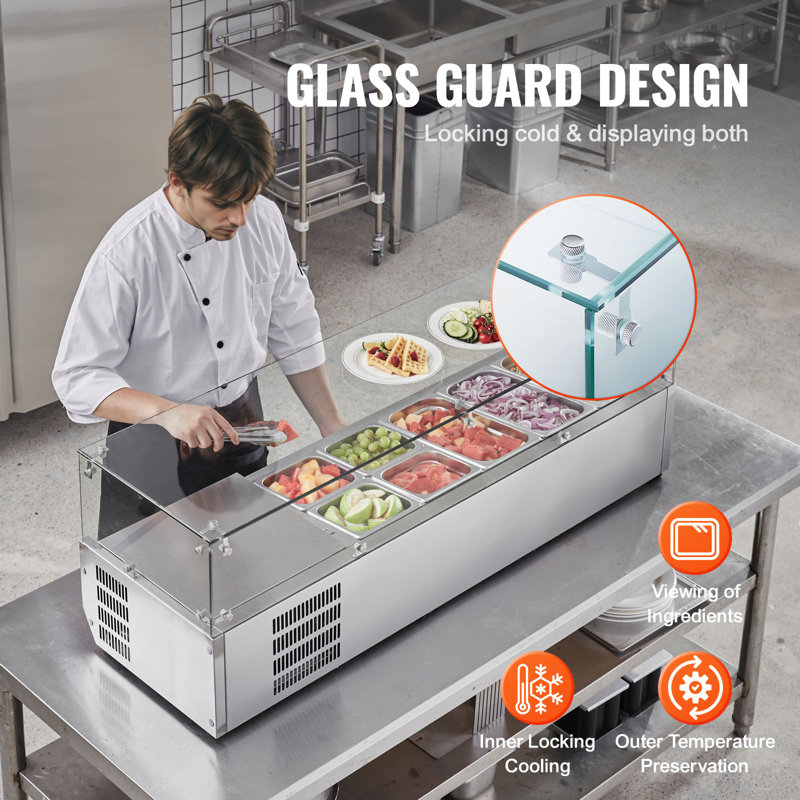 51'' Stainless Steel Refrigerated Condiment Prep Station with Glass Guard