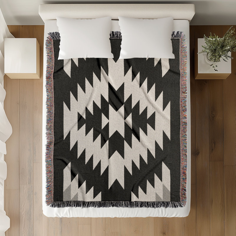 Jeté en mélange de coton Caca South Western, Noir/Blanc cassé, L 70 po x l 50 po