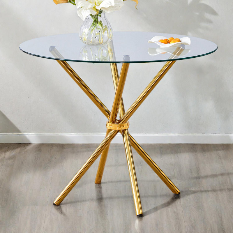 Table de salle à manger ronde en verre avec base en métal pour 4 personnes, table de cuisine moderne 36,6 pouces, Doré
