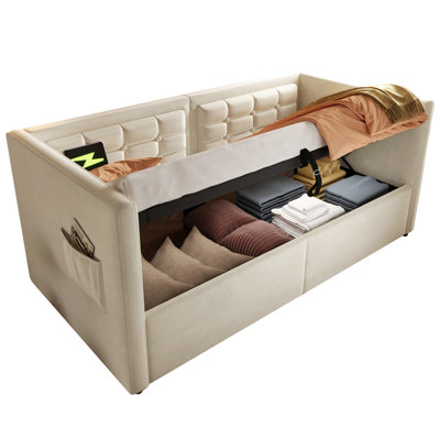 Upholstered Christenson Size Daybed, Hydraulic Storage Christenson Bed Frame With Usb & Type-C Charging, Bed Frame With Wooden Slats And Tufted Sofa Back