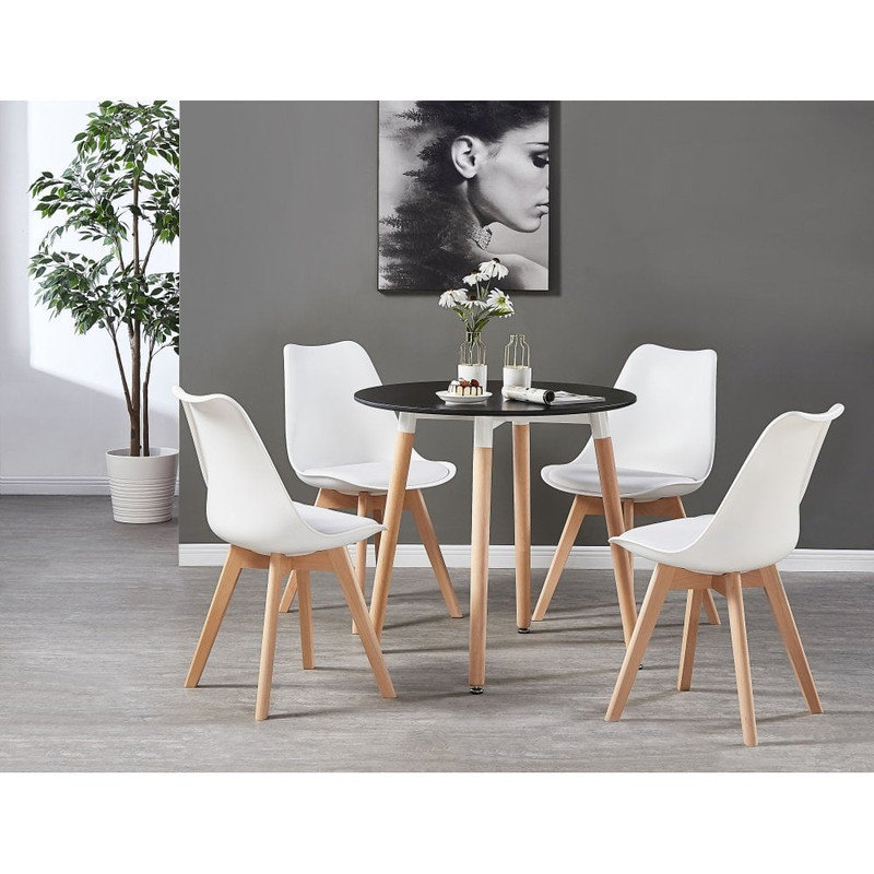 Christy 4 Person Dining set - a Round Plastic Dining Table with Wooden Legs and a Set of 4 Faux Leather Cushion Padded Dining Chairs for Dining Room - Modern Dining Table Set
