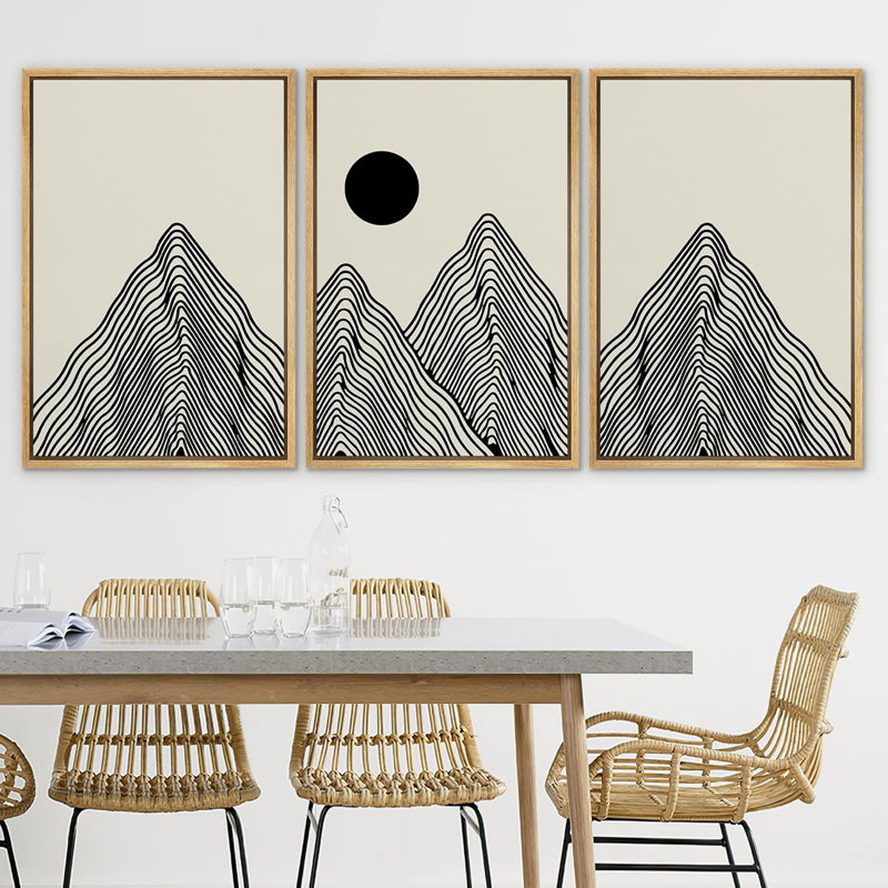 Modern Geometric Landscape Black and Beige Framed Canvas Art Set