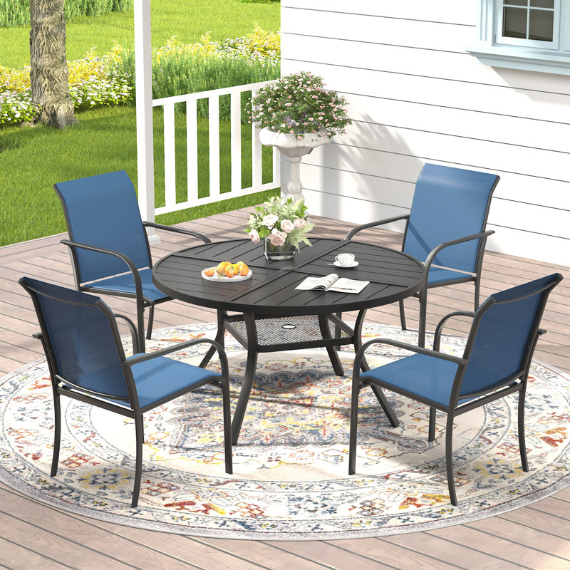 4-Person Patio Dining Set with Round Dining Table and 4 Stackable PVC-coated polyester Armrest Chairs, Black/Blue