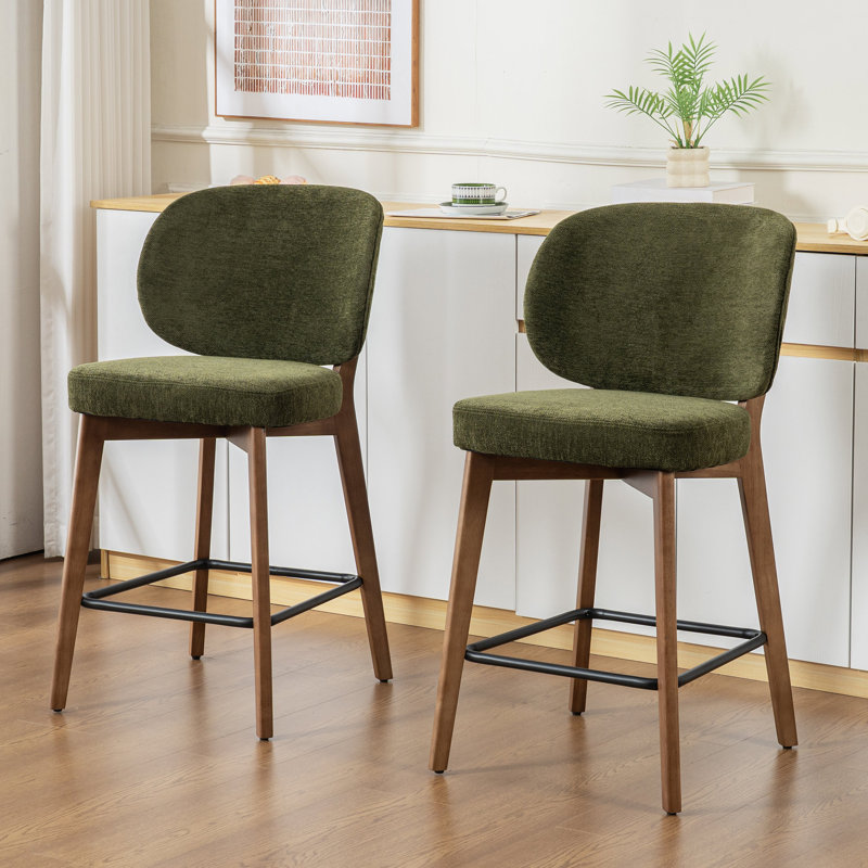 Tabouret de bar Mid-Century moderne, tabouret de bar rembourré en tissu avec dossier à oreilles, tabouret de bar à hauteur de comptoir sans accoudoirs avec pieds en bois, repose-pieds en métal, pour comptoir de bar pour îlot de cuisine