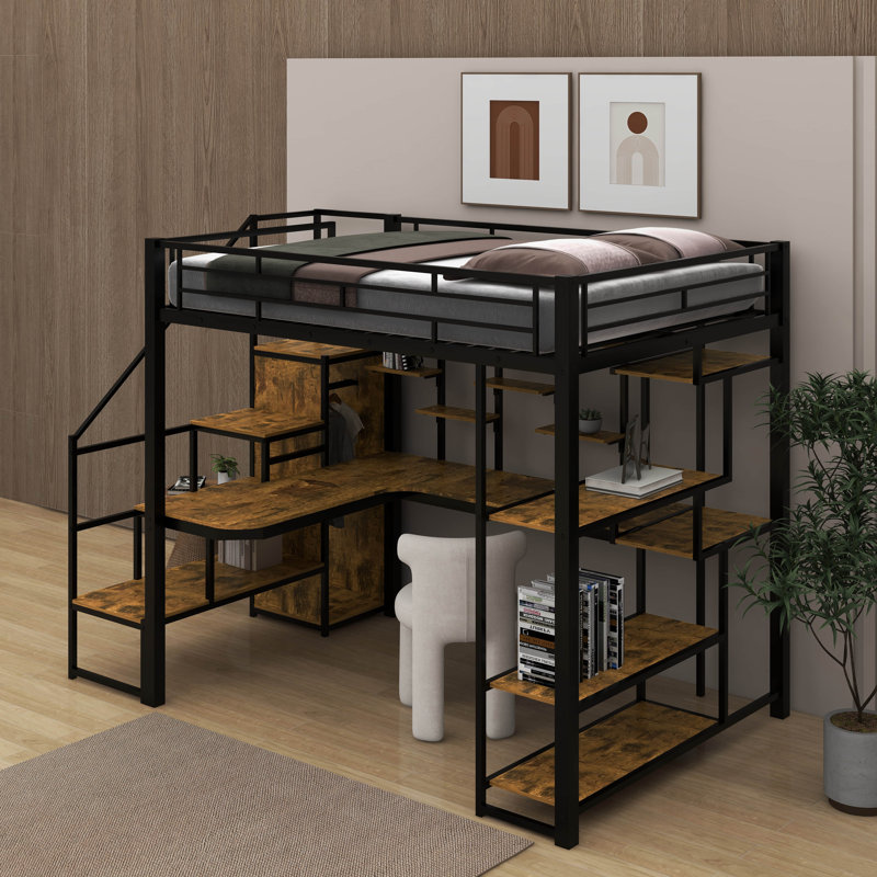 Lit mezzanine double en métal avec escalier de rangement, garde-robe, bureau et tablettes de rangement, Noir