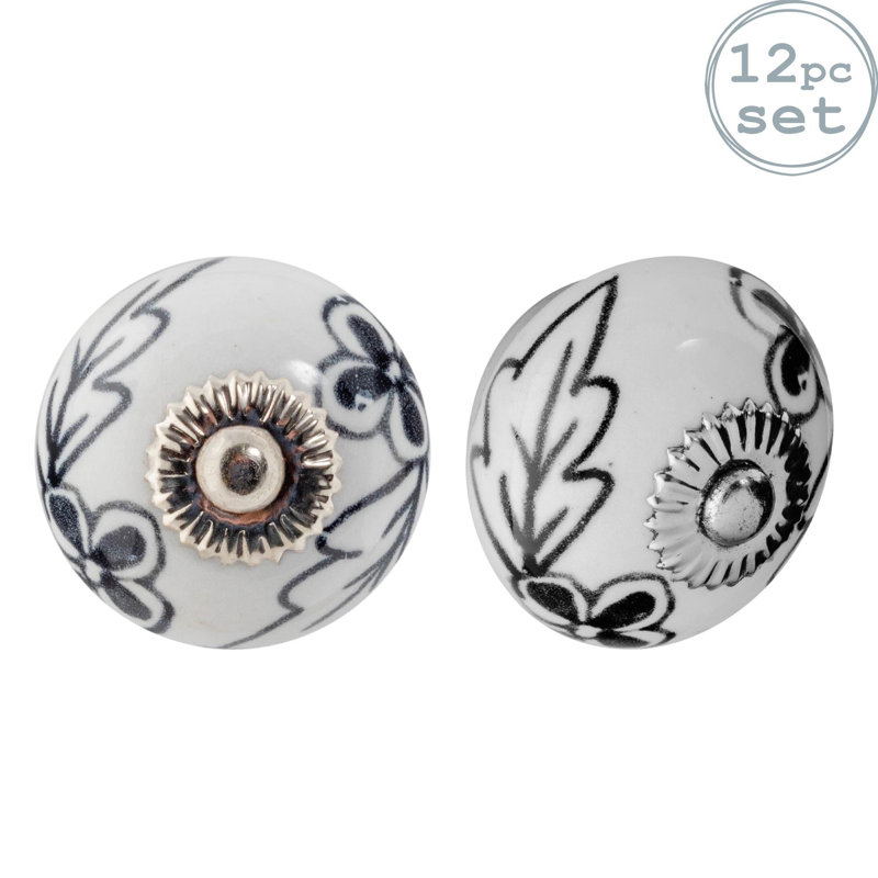 Nicola Spring - Round Ceramic Cabinet Knobs - Black Flower