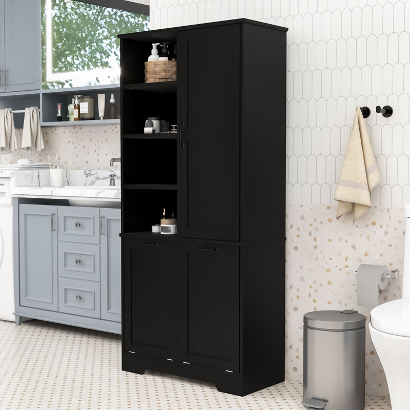 Élégante armoire de rangement pour salle de bain avec paniers à linge inclinables, tablettes réglables et anti-basculement