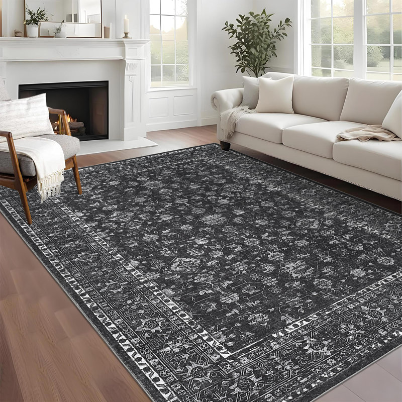 Floral Machine Printed Area Rug, Rectangle 160 x 230 cm, Black