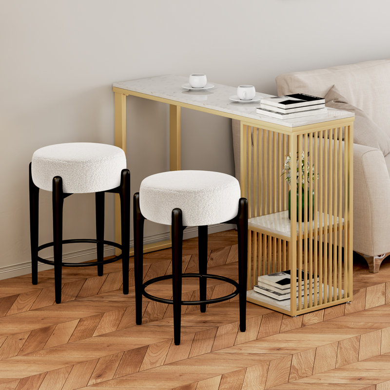 Chaise de style Mid-Century 2 - tabourets de cuisine sans dossier 23,6 po avec revêtement blanc bouclé et base en métal robuste