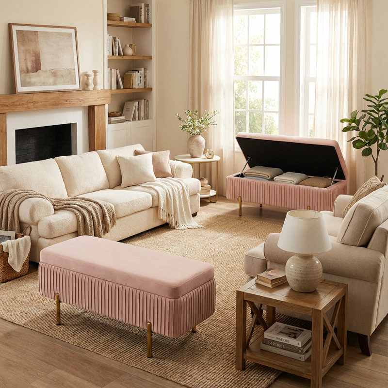 Banc de rangement en velours Leaysia, Rose