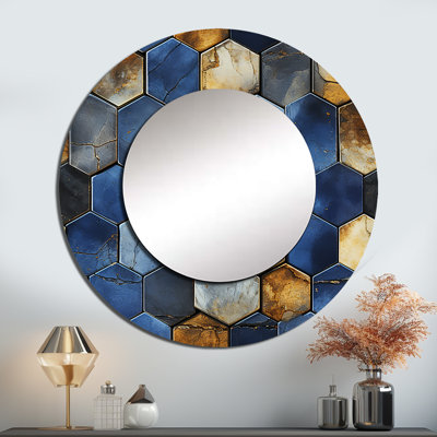 Grey And Blue Hexagone Symmetry - Geometric  Unique Wall Mirror Decor, Modern Large Round Mirror, Printed Metal Art