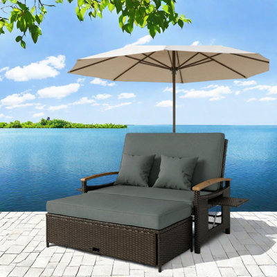 Canapé-lit de patio multifonctionnel, en acier durable et en osier, chaise longue d'extérieur moderne avec rangement
