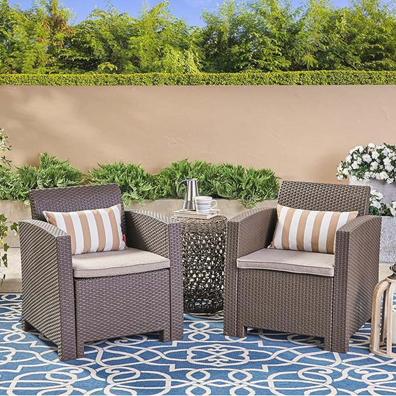 Ensemble de 2 fauteuils club d'extérieur en faux osier avec coussins imperméables, Brun