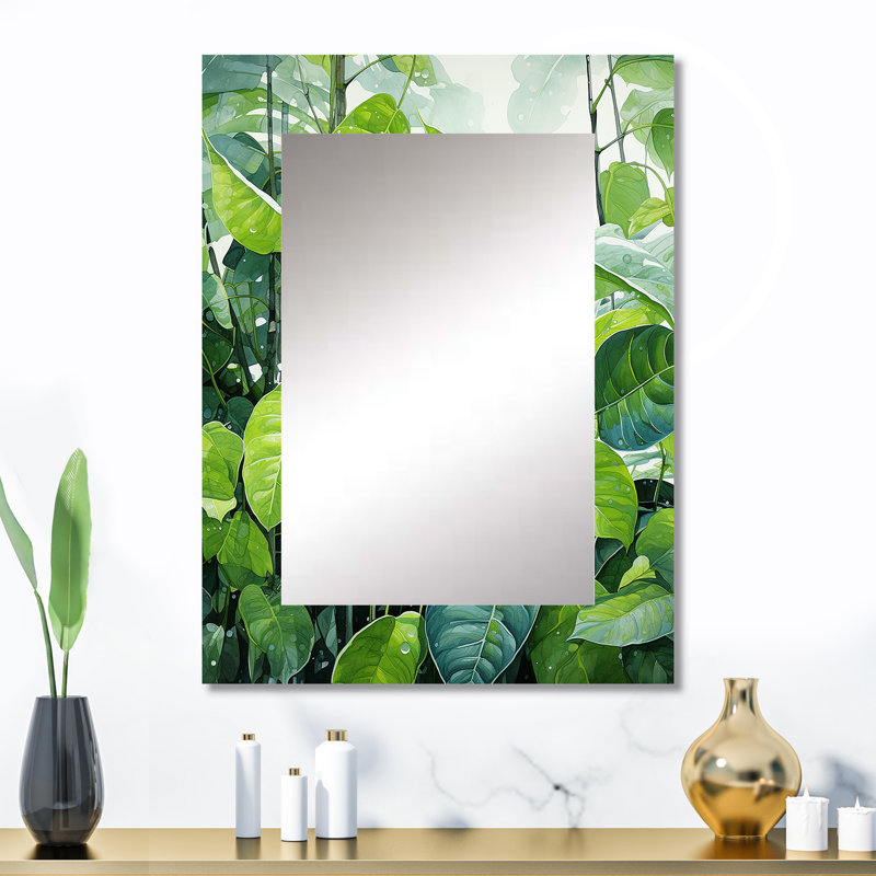 «Urban Leaves Forest Greenery» - miroir décoratif à feuilles, grand miroir mural traditionnel, impression d'art en métal
