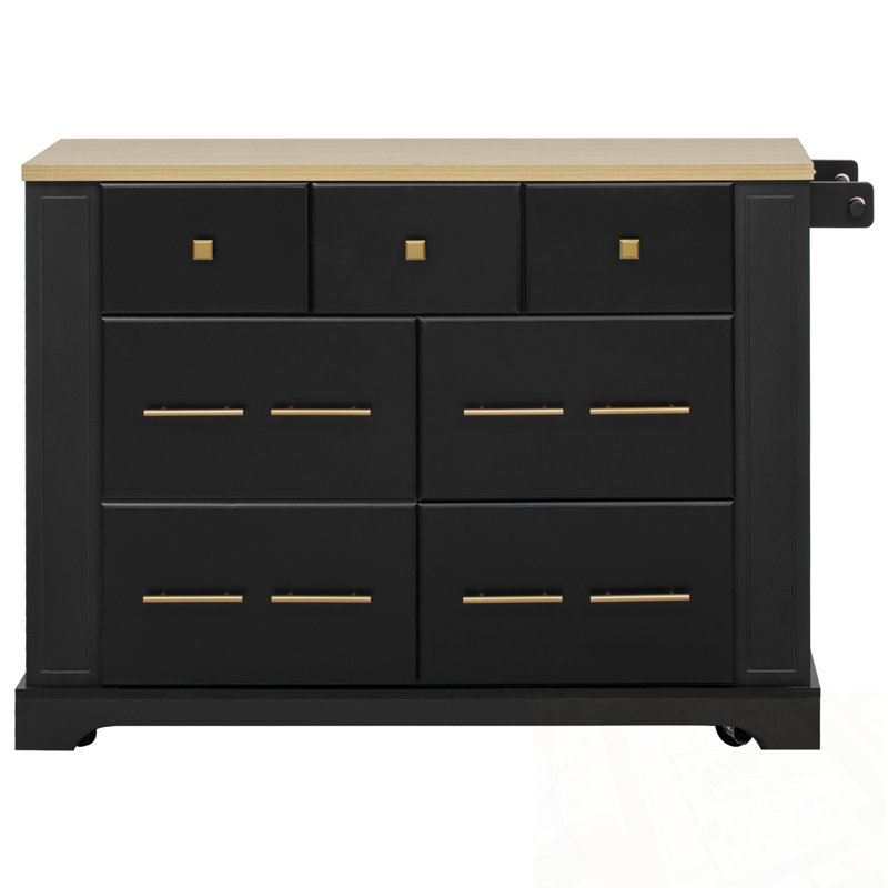 Kitchen Island with 6 Drawers, Drop Leaf and Power Outlet, Black