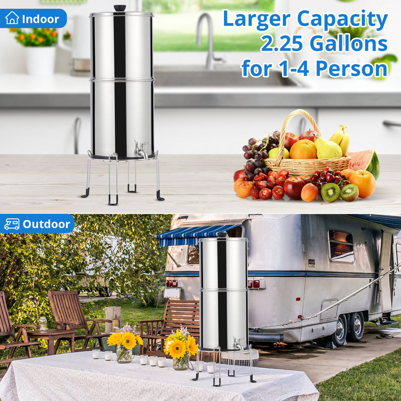 Système de filtration d'eau par gravité de 2,25 gallons, système de filtration d'eau de comptoir en acier inoxydable avec 2 filtres et support pour la maison, le camping, les véhicules récréatifs et la pêche