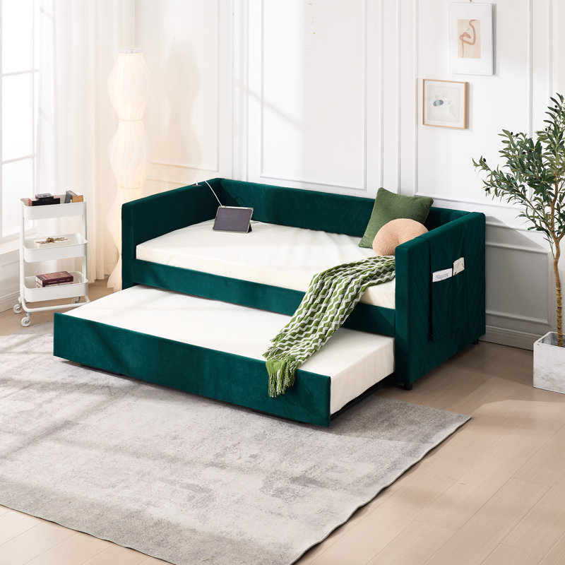 Lit de jour simple avec lit gigogne, bâbord, poches latérales, grain de V, revêtement en velours, sans sommier, convient pour la chambre à coucher, lit stable, design ou chambre d'amis