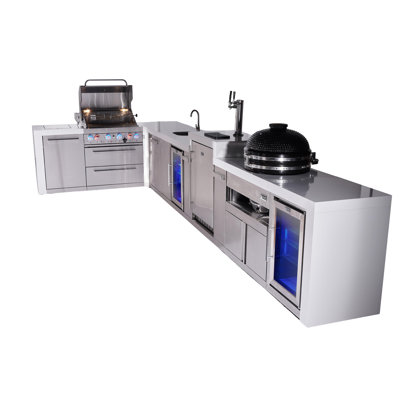Îlot de cuisine montagnard à 4 brûleurs 82 "x161" en forme de L pour îlot de cuisine modulaire de luxe en acier inoxydable avec barbecue et évier + Kegerator + Kamado + armoire de rangement Mont Monti