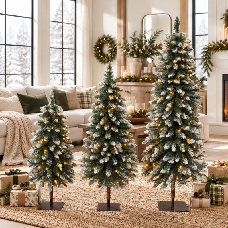 Ensemble de 3 sapins de Noël crayon pré-illuminés et floqués avec lumières DEL et bases en métal