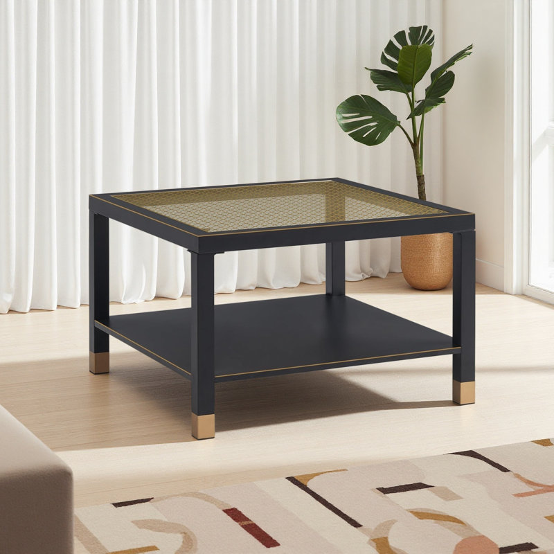 Table basse industrielle carrée - structure en acier noir mat 27,6 po et plateau en verre doré, Noir