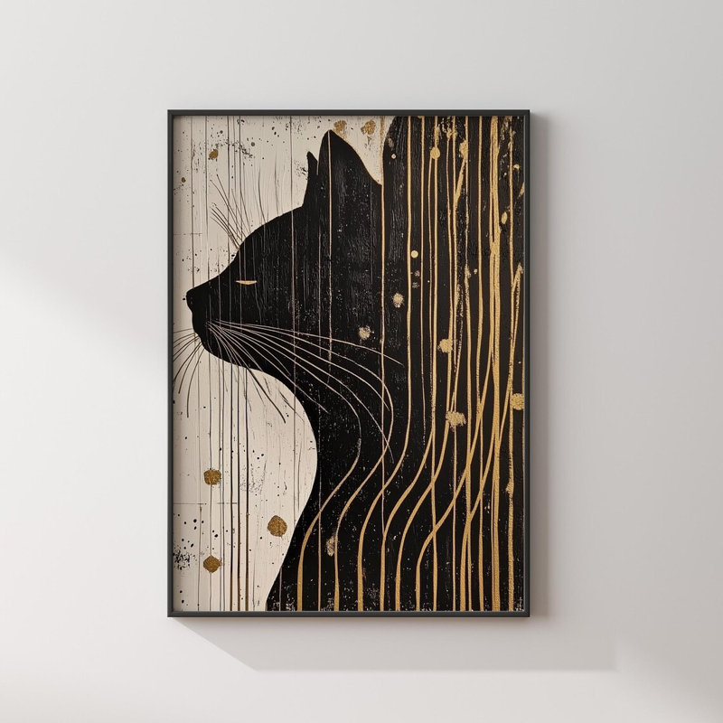 Black And Gold Cat Wrapped Canvas Wall Art, 60 cm H x 90 cm W