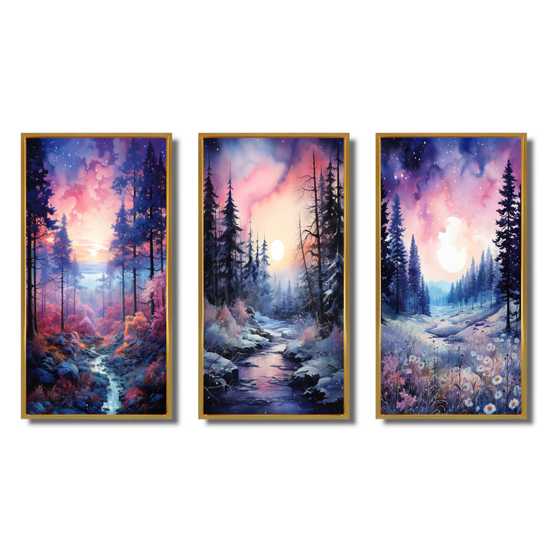 «Pine Tree Winter Twilight», 3 pièces sur toile, Cadre flottant doré, H 20 po x l 36 po